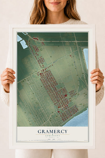 Map of Gramercy, Louisiana, 18 x 24 inch print in a white wood frame
