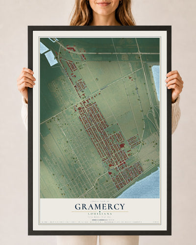 Map of Gramercy, Louisiana, 24 x 36 inch print in a black wood frame