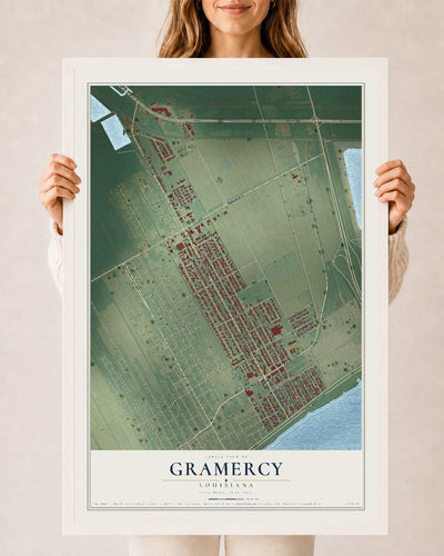 Map of Gramercy, Louisiana, 24 x 36 inch print in a white wood frame