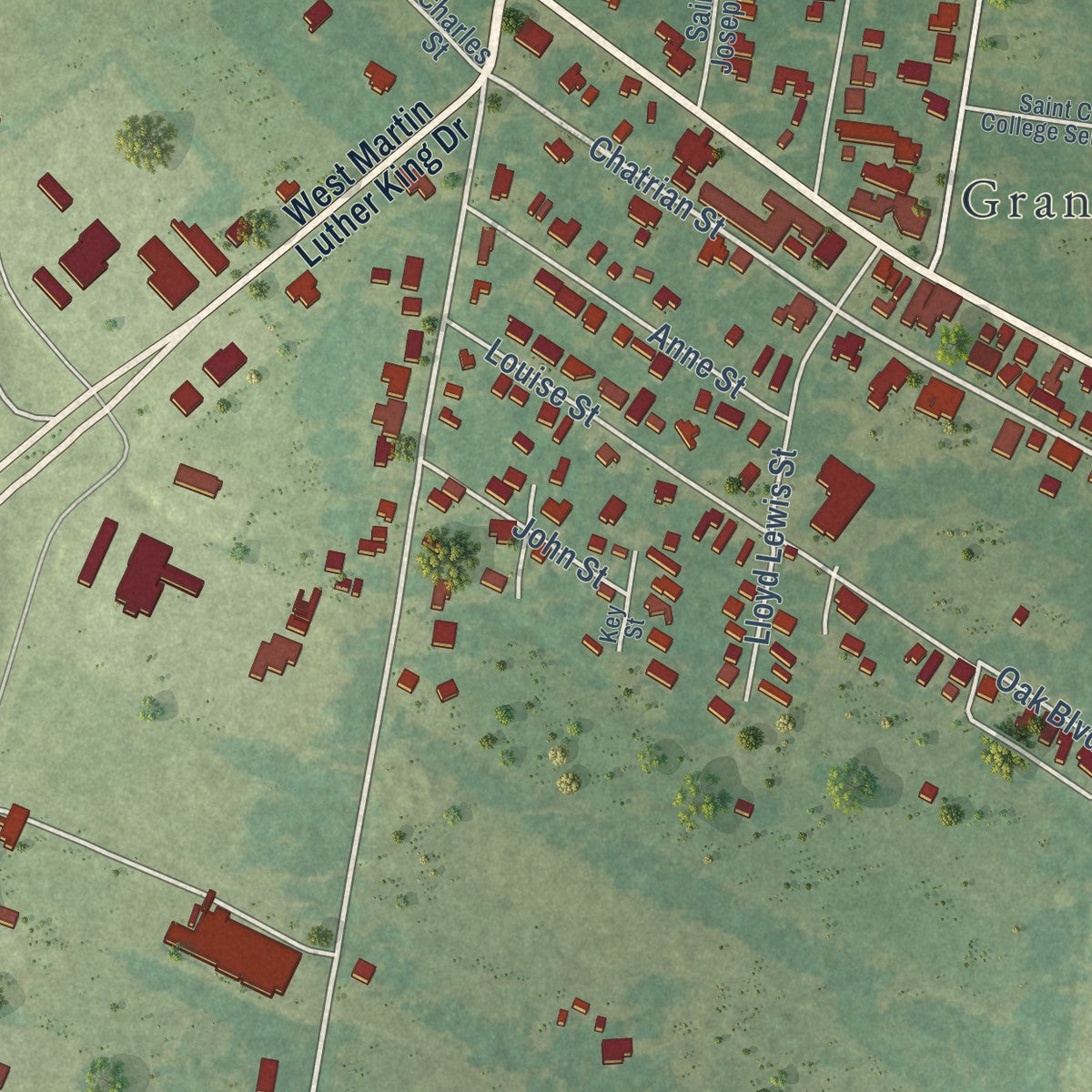Close-up of the map of Grand Coteau, Louisiana print showing street and building detail