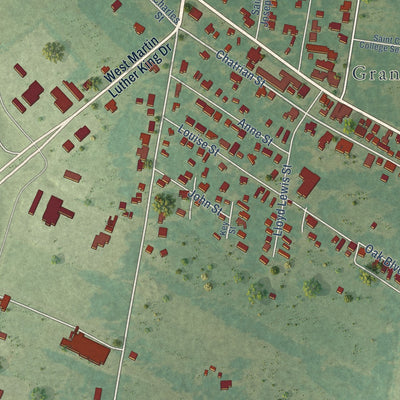 Close-up of the map of Grand Coteau, Louisiana print showing street and building detail