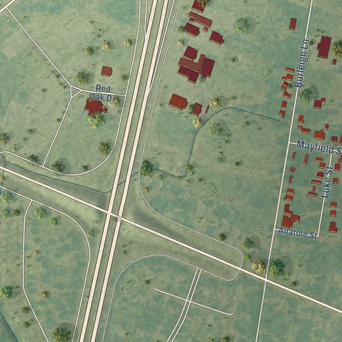Second close-up of the map of Grand Coteau, Louisiana print showing more streets and buildings