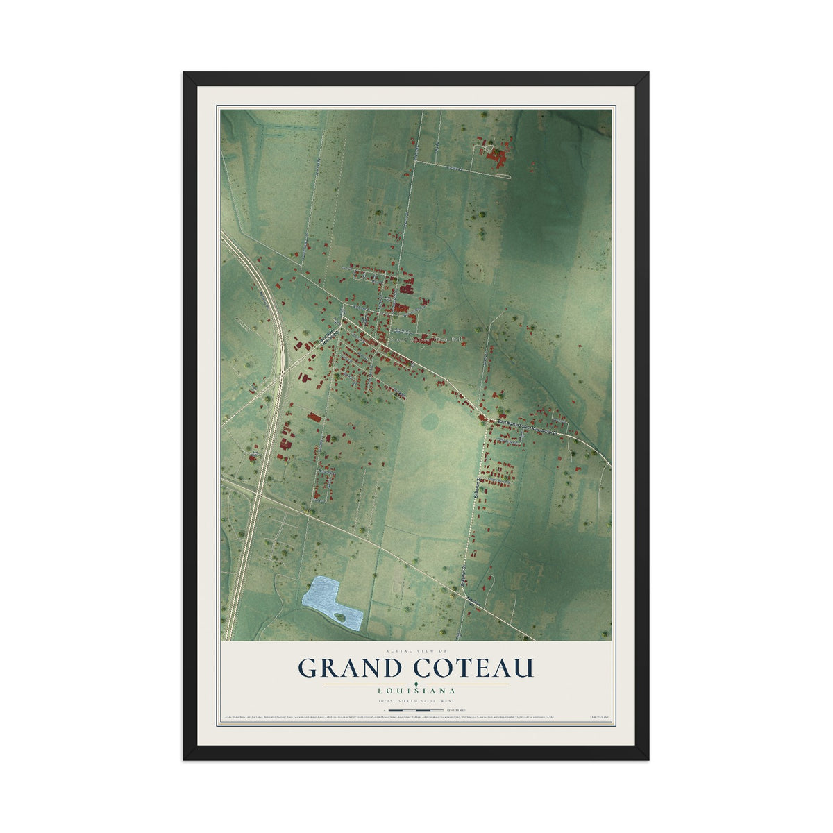 Map of Grand Coteau, Louisiana, 12 x 18 inch print in a black wood frame