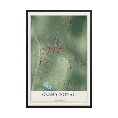 Map of Grand Coteau, Louisiana, 12 x 18 inch print in a black wood frame