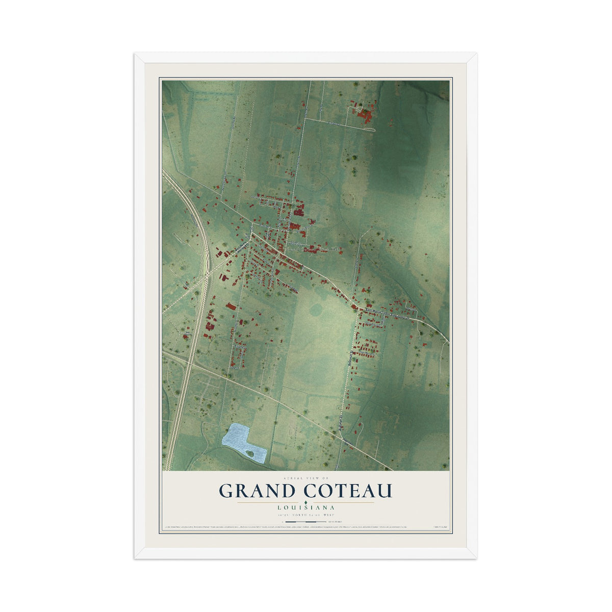 Map of Grand Coteau, Louisiana, 12 x 18 inch print in a white wood frame