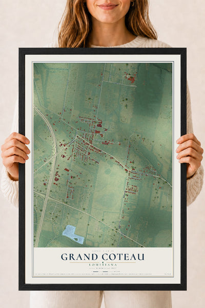 Map of Grand Coteau, Louisiana, 18 x 24 inch print in a black wood frame