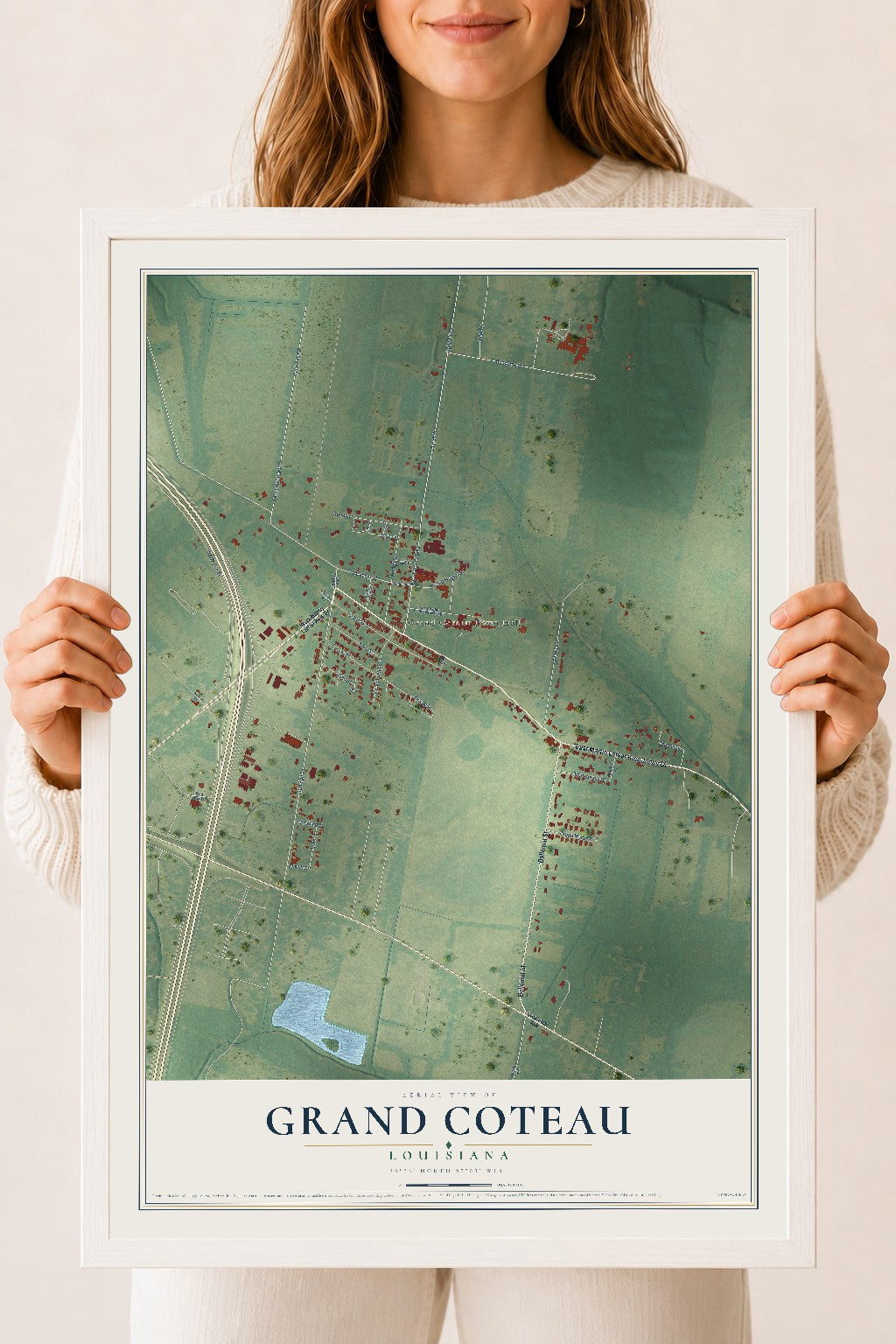 Map of Grand Coteau, Louisiana, 18 x 24 inch print in a white wood frame