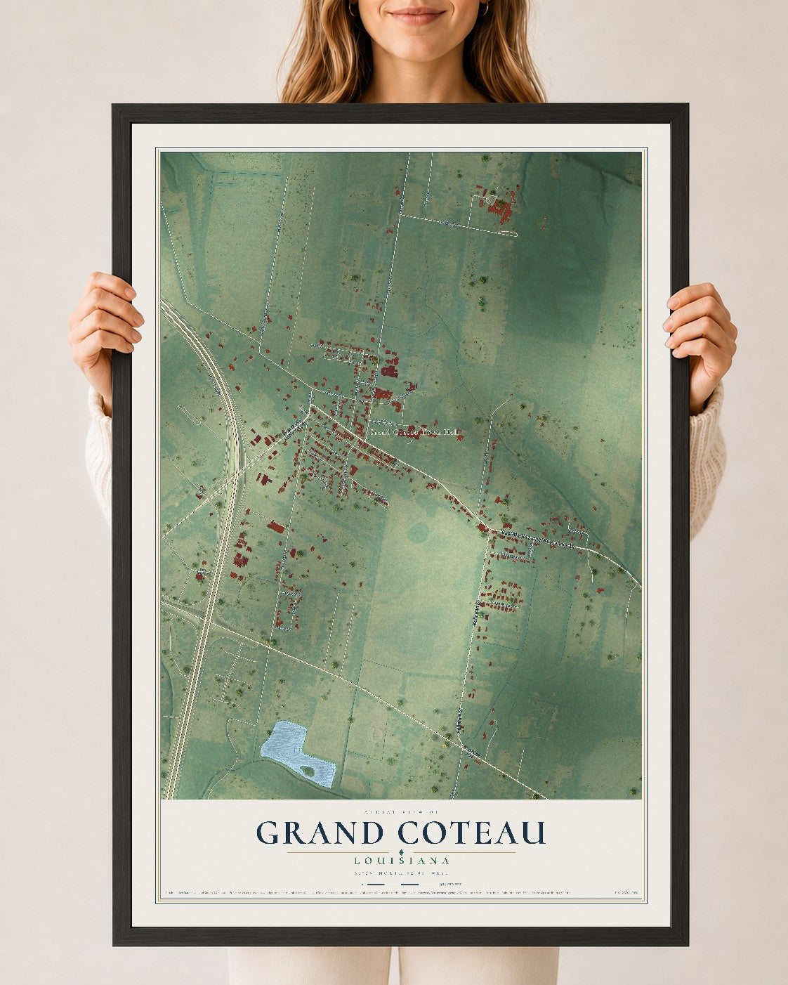 Map of Grand Coteau, Louisiana, 24 x 36 inch print in a black wood frame