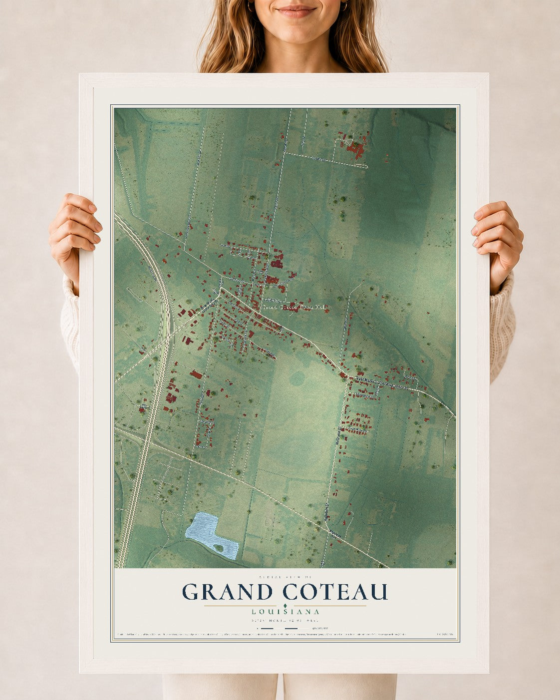 Map of Grand Coteau, Louisiana, 24 x 36 inch print in a white wood frame
