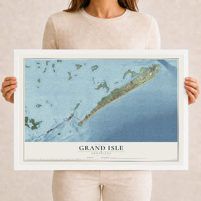 Map of Grand Isle, Louisiana, 12 x 18 inch print in a white wood frame