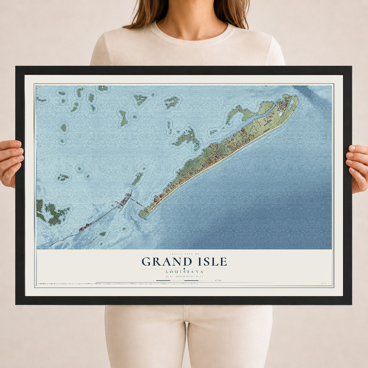 Map of Grand Isle, Louisiana, 18 x 24 inch print in a black wood frame