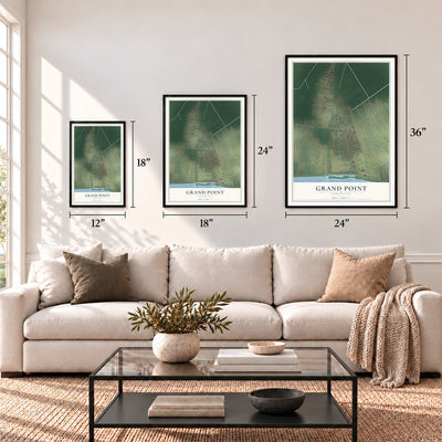 Grand Point, Louisiana map in 12 x 18, 18 x 24 and 24 x 36 inch sizes above a sofa