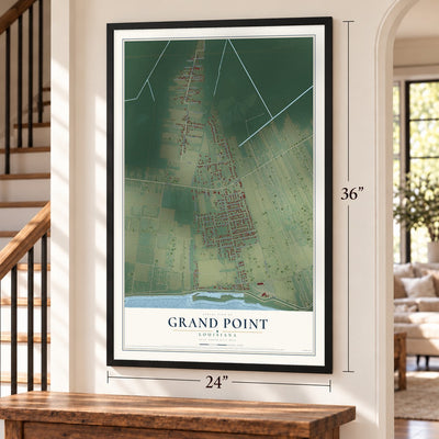 Grand Point, Louisiana map, 24 x 36 inch print in a black frame by a staircase