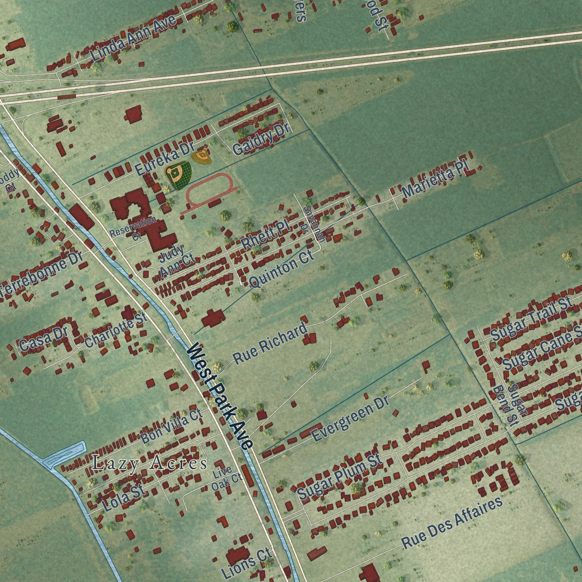 Close-up of the map of Gray, Louisiana print showing street and building detail