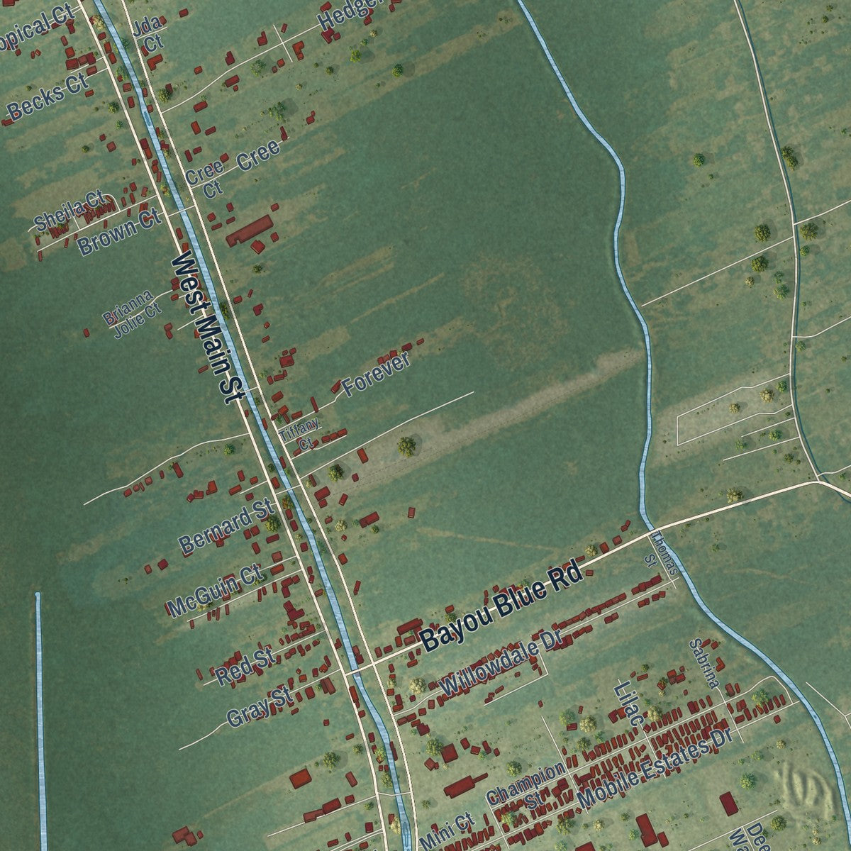 Second close-up of the map of Gray, Louisiana print showing more streets and buildings