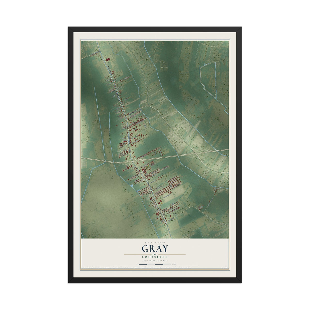 Map of Gray, Louisiana, 12 x 18 inch print in a black wood frame