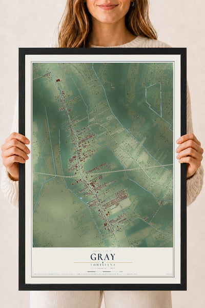 Map of Gray, Louisiana, 18 x 24 inch print in a black wood frame