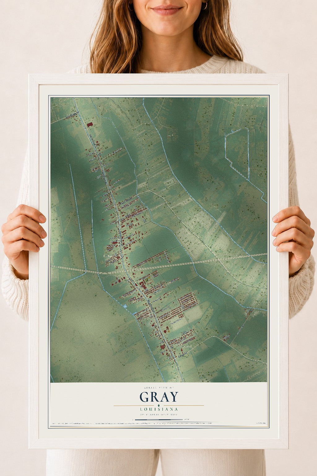 Map of Gray, Louisiana, 18 x 24 inch print in a white wood frame