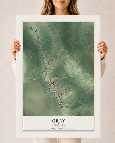 Map of Gray, Louisiana, 24 x 36 inch print in a white wood frame