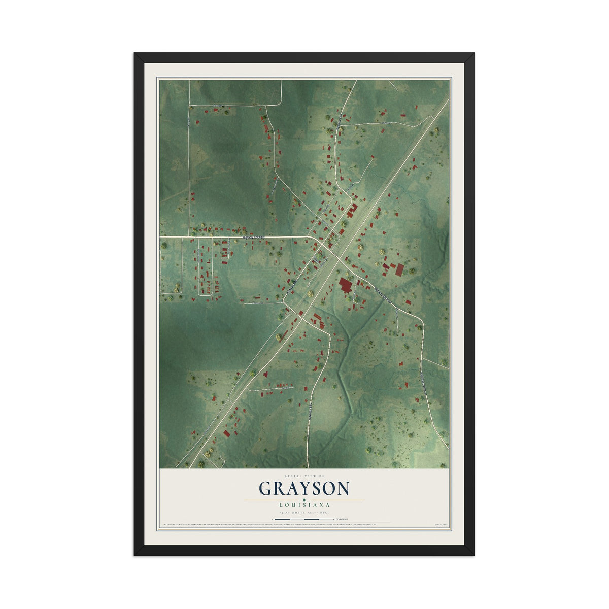 Map of Grayson, Louisiana, 12 x 18 inch print in a black wood frame