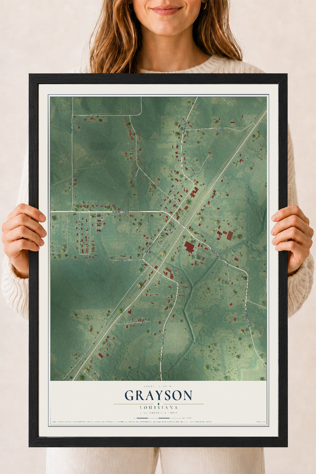 Map of Grayson, Louisiana, 18 x 24 inch print in a black wood frame