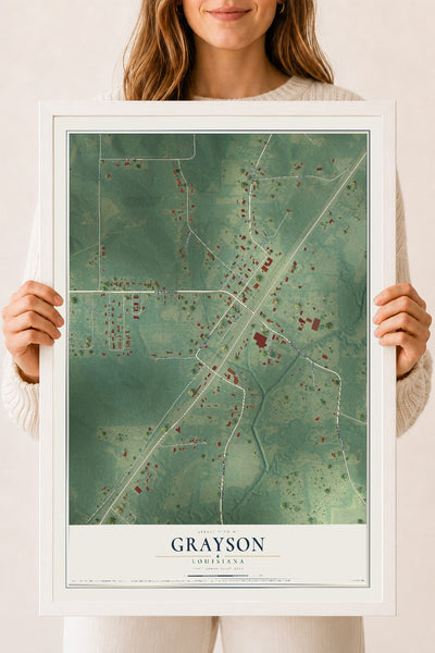 Map of Grayson, Louisiana, 18 x 24 inch print in a white wood frame