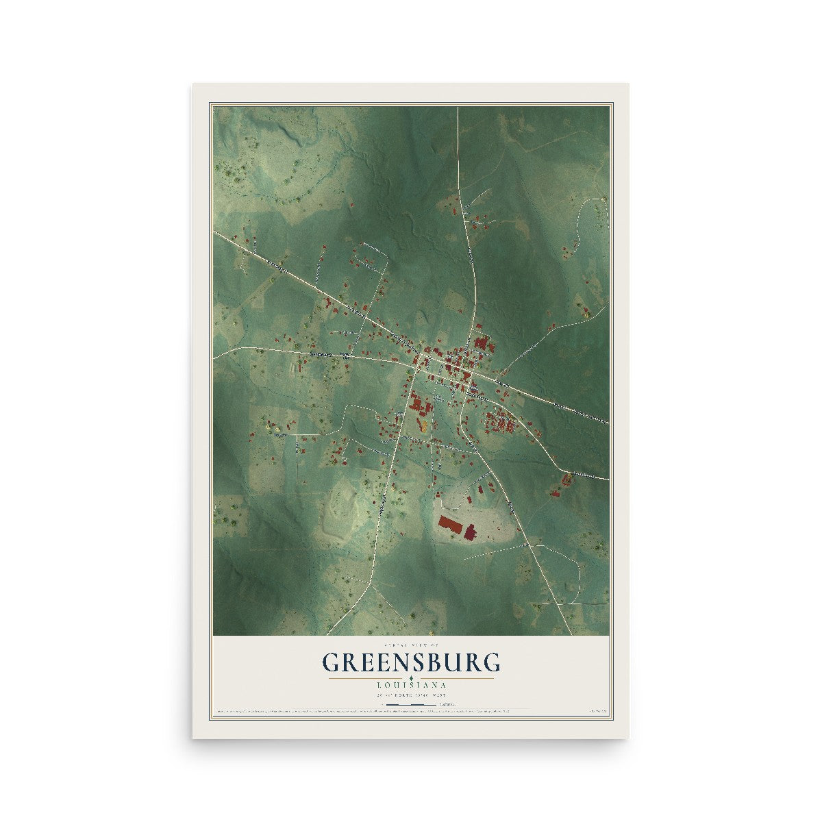 Map of Greensburg, Louisiana, 12 x 18 inch unframed archival matte print