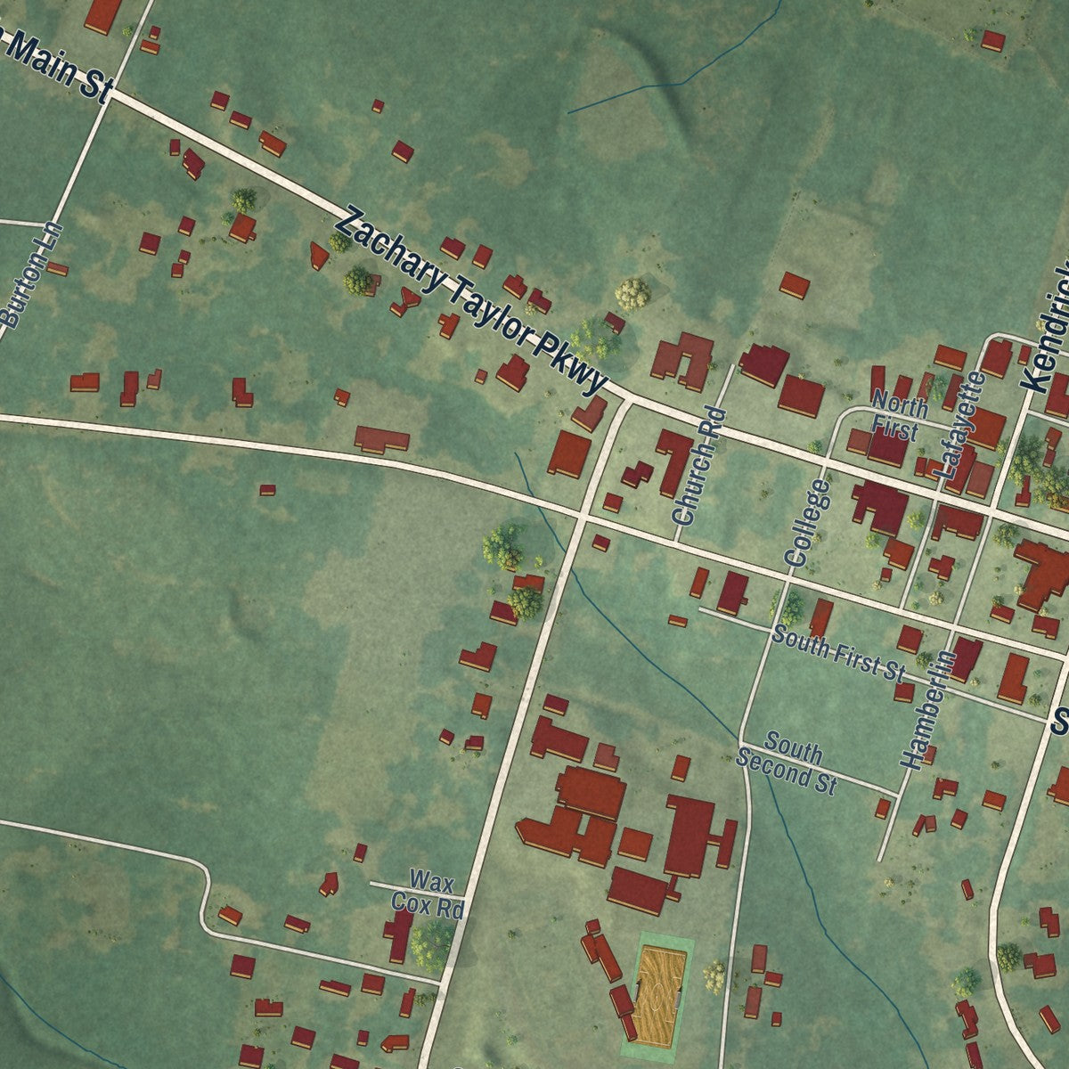 Close-up of the map of Greensburg, Louisiana print showing street and building detail