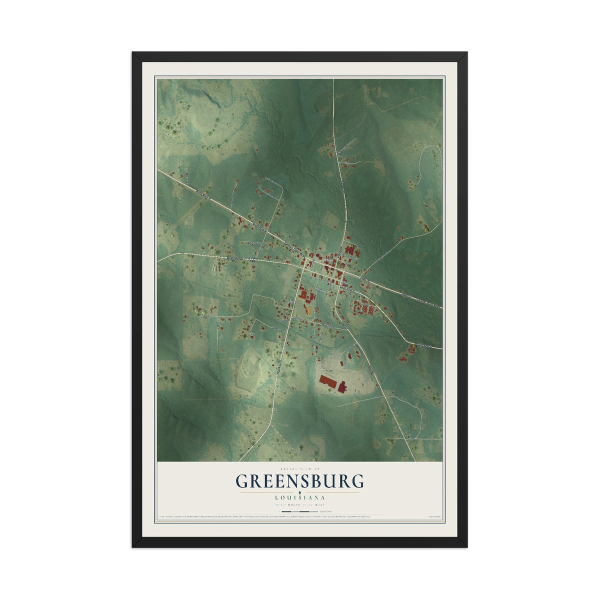 Map of Greensburg, Louisiana, 12 x 18 inch print in a black wood frame