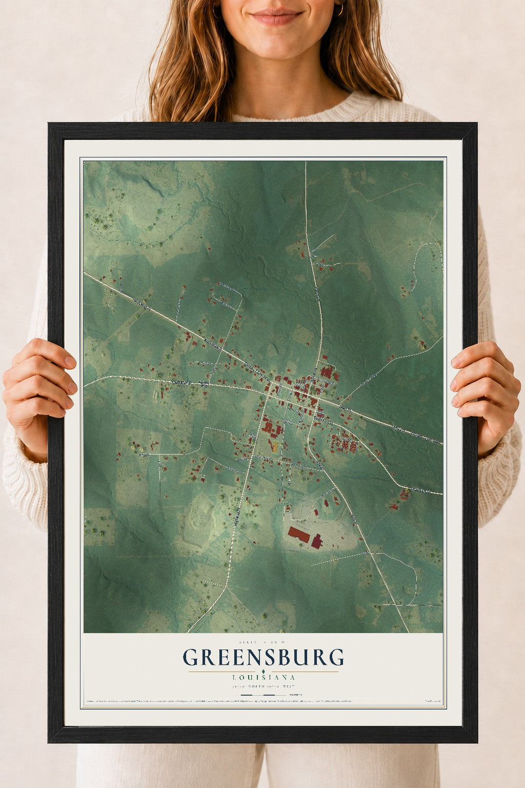 Map of Greensburg, Louisiana, 18 x 24 inch print in a black wood frame