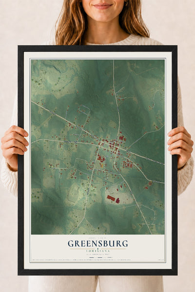Map of Greensburg, Louisiana, 18 x 24 inch print in a black wood frame