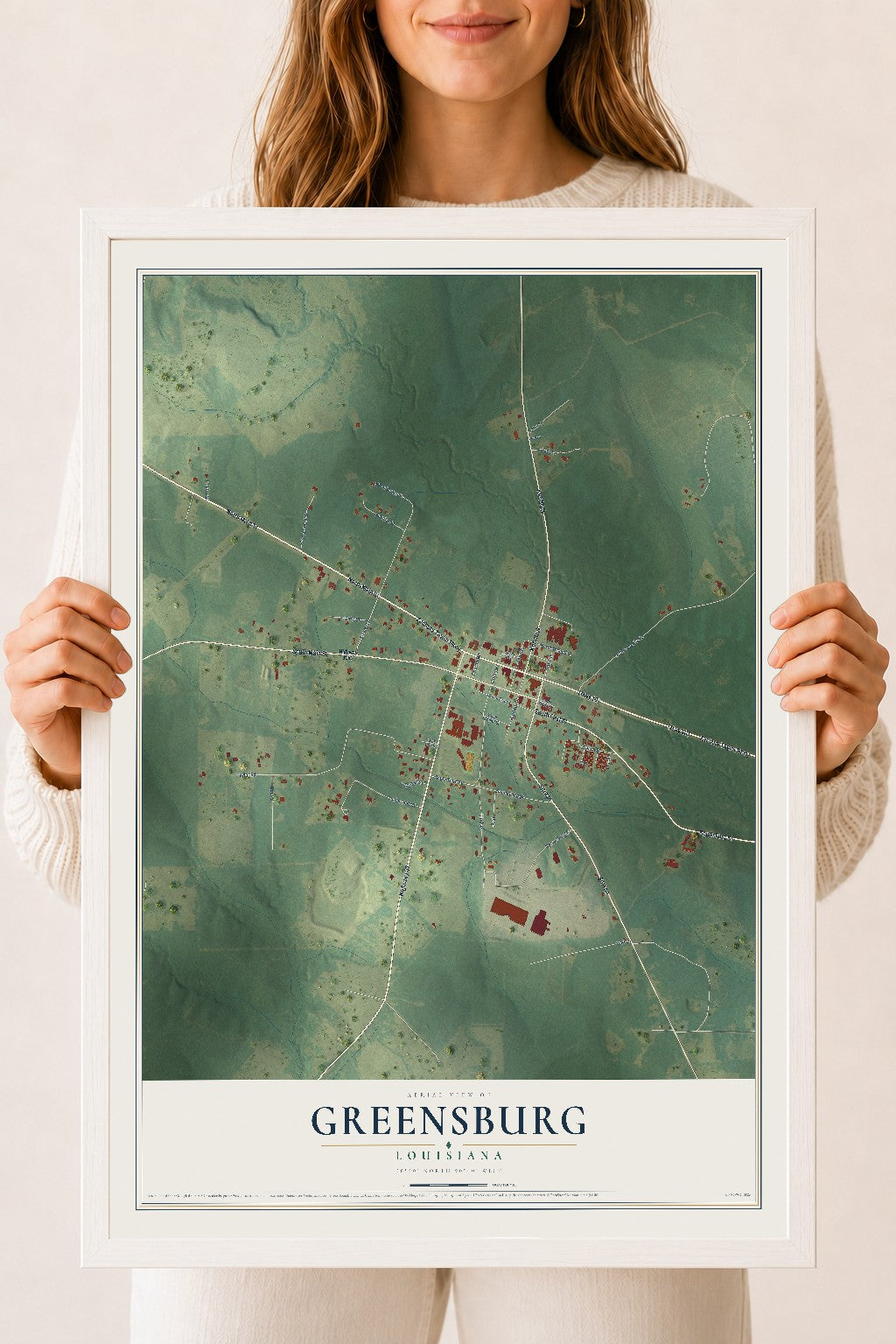 Map of Greensburg, Louisiana, 18 x 24 inch print in a white wood frame