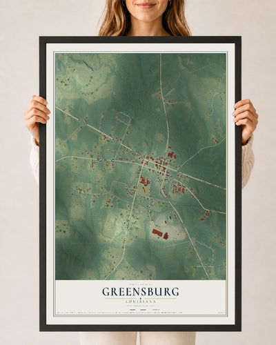 Map of Greensburg, Louisiana, 24 x 36 inch print in a black wood frame