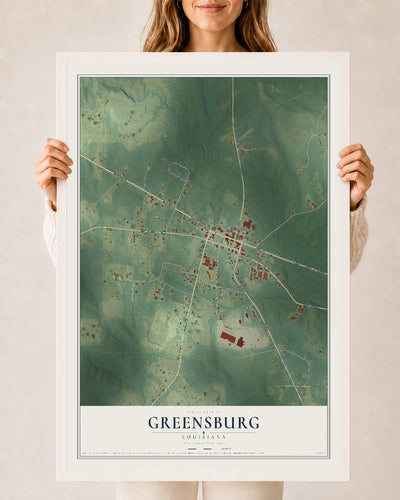 Map of Greensburg, Louisiana, 24 x 36 inch print in a white wood frame