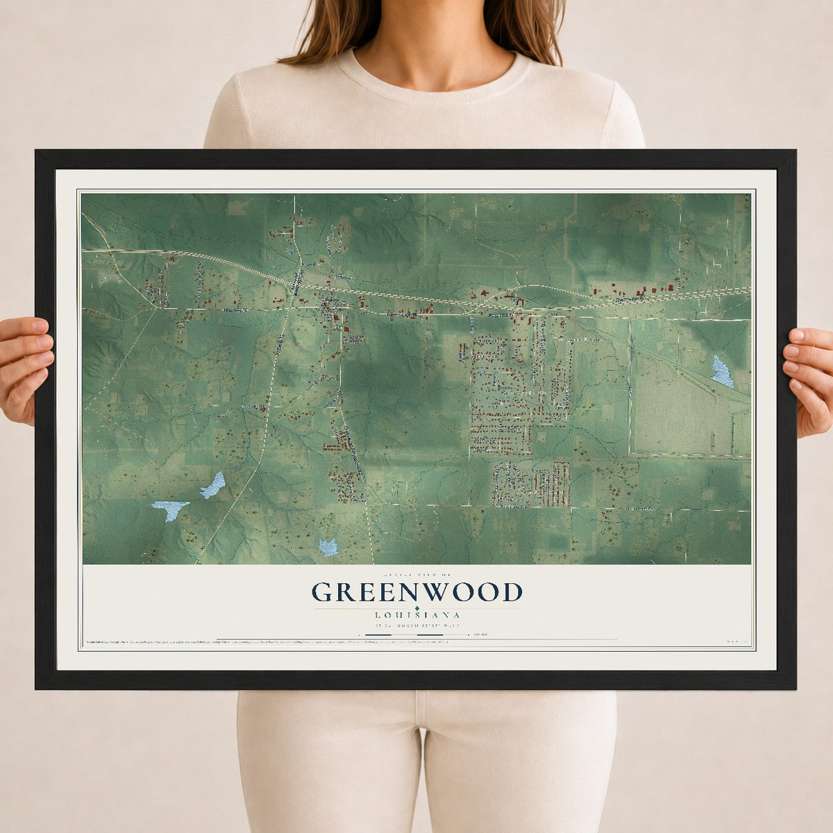 Map of Greenwood, Louisiana, 18 x 24 inch print in a black wood frame