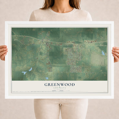 Map of Greenwood, Louisiana, 18 x 24 inch print in a white wood frame