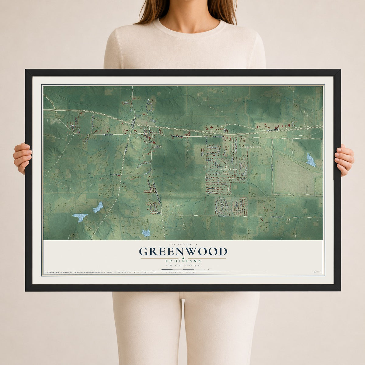 Map of Greenwood, Louisiana, 24 x 36 inch print in a black wood frame