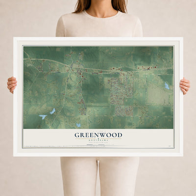 Map of Greenwood, Louisiana, 24 x 36 inch print in a white wood frame