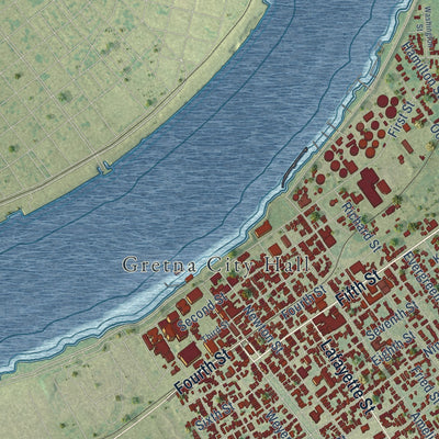 Second close-up of the map of Gretna, Louisiana print showing more streets and buildings