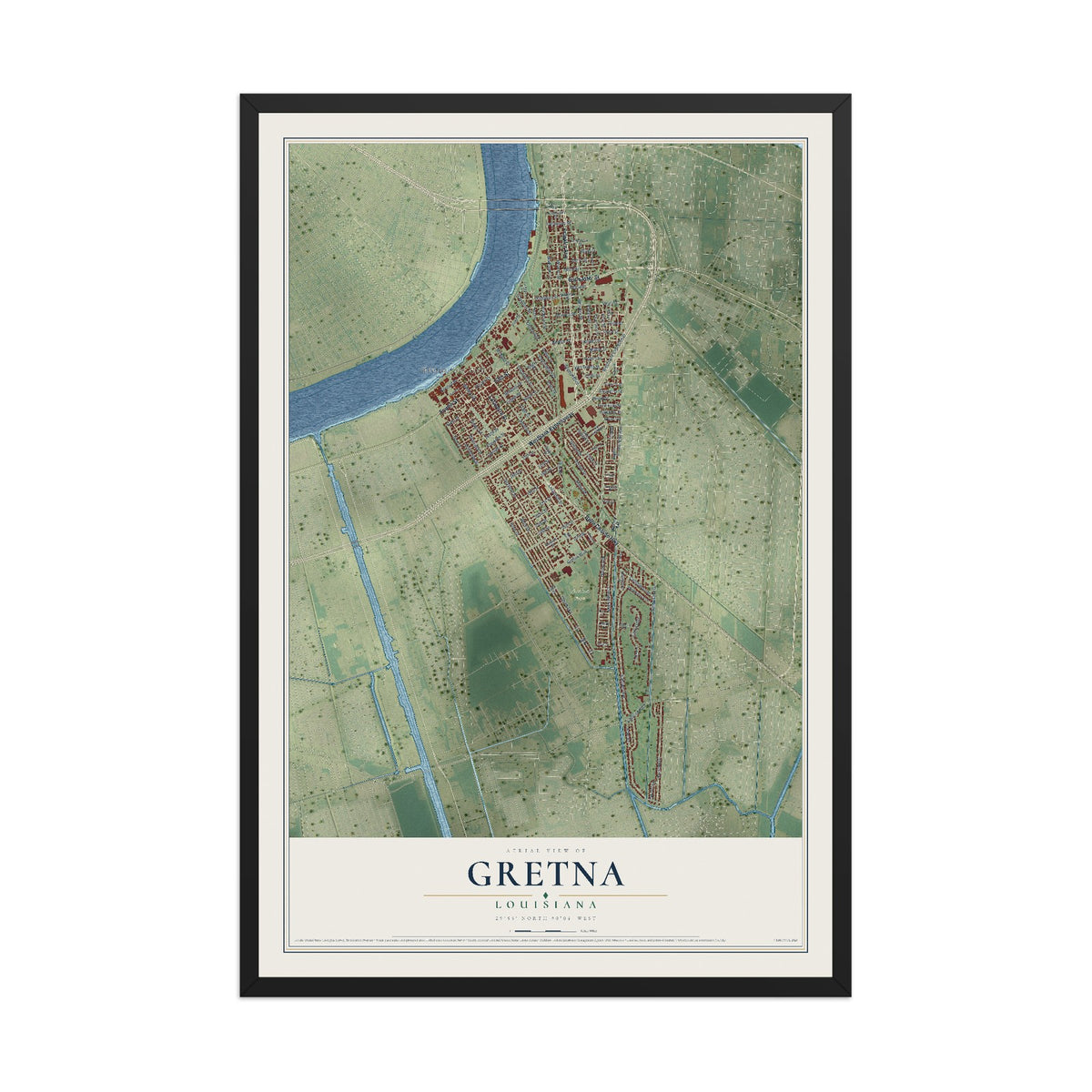 Map of Gretna, Louisiana, 12 x 18 inch print in a black wood frame