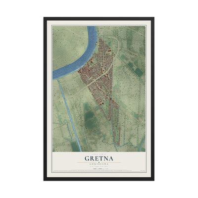 Map of Gretna, Louisiana, 12 x 18 inch print in a black wood frame