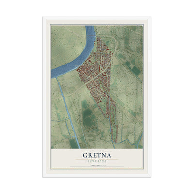 Map of Gretna, Louisiana, 12 x 18 inch print in a white wood frame