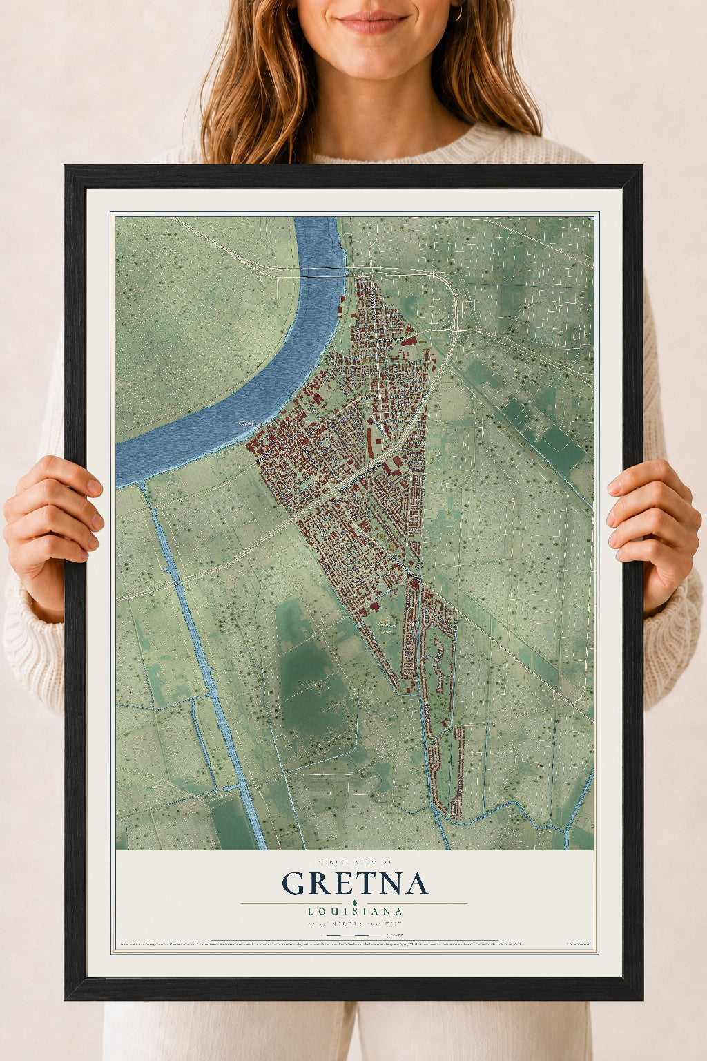 Map of Gretna, Louisiana, 18 x 24 inch print in a black wood frame