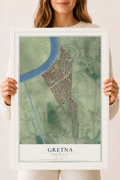 Map of Gretna, Louisiana, 18 x 24 inch print in a white wood frame