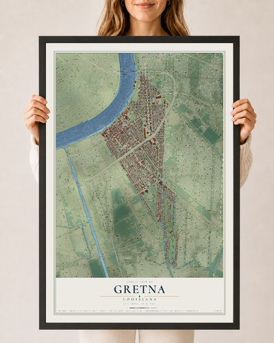 Map of Gretna, Louisiana, 24 x 36 inch print in a black wood frame