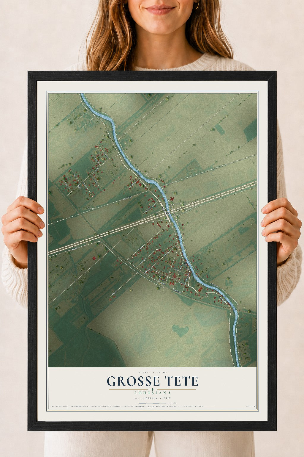 Map of Grosse Tete, Louisiana, 18 x 24 inch print in a black wood frame