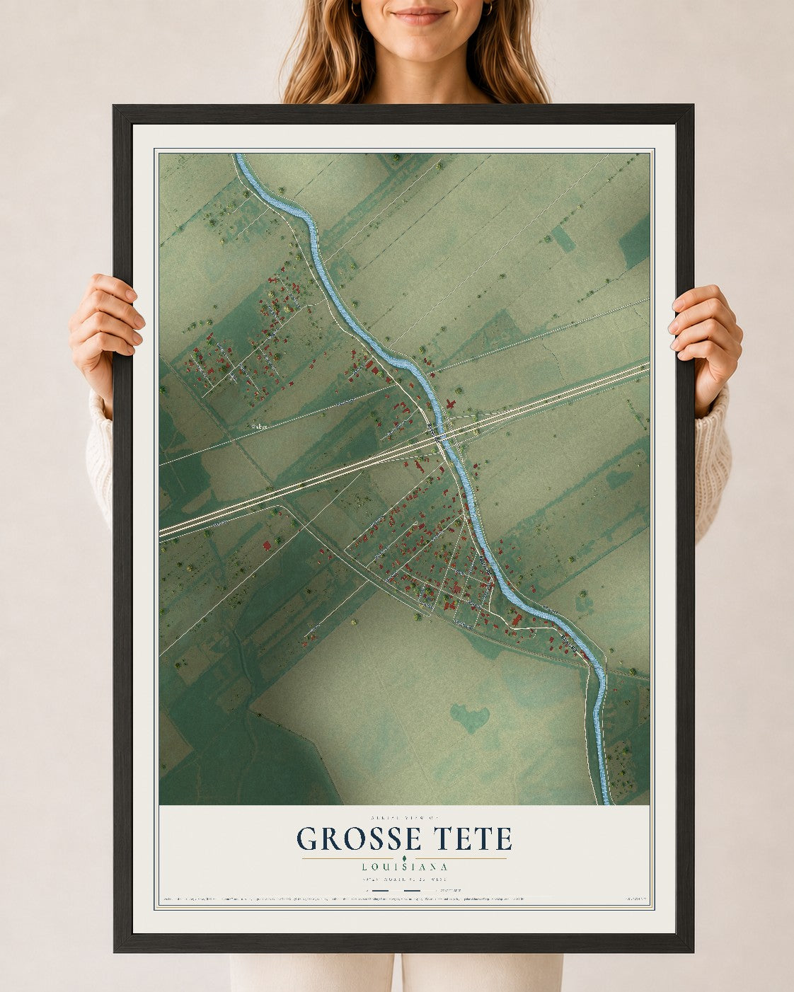 Map of Grosse Tete, Louisiana, 24 x 36 inch print in a black wood frame