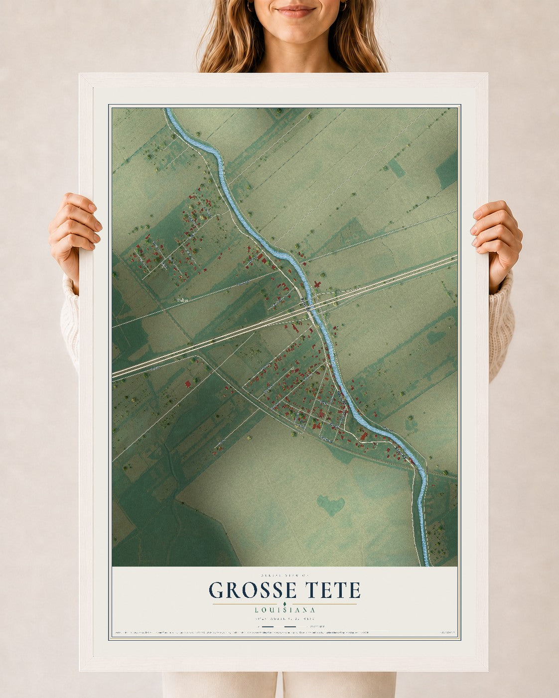 Map of Grosse Tete, Louisiana, 24 x 36 inch print in a white wood frame