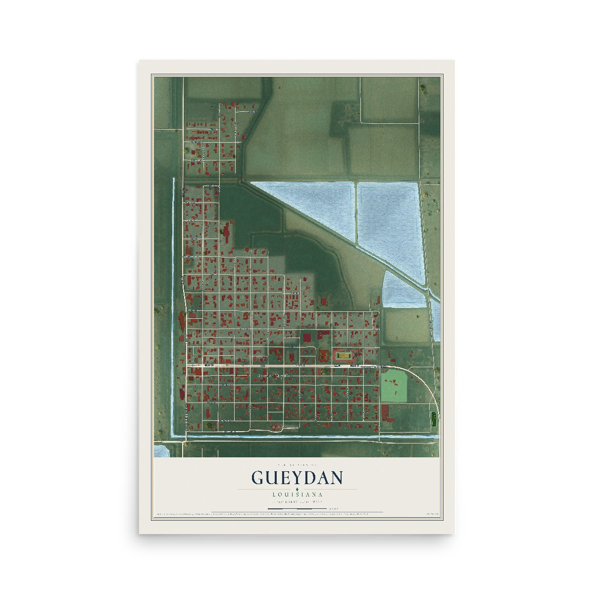 Map of Gueydan, Louisiana, 12 x 18 inch unframed archival matte print