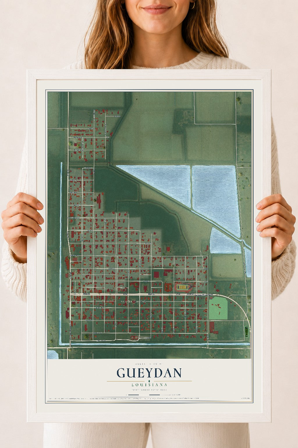 Map of Gueydan, Louisiana, 18 x 24 inch print in a white wood frame